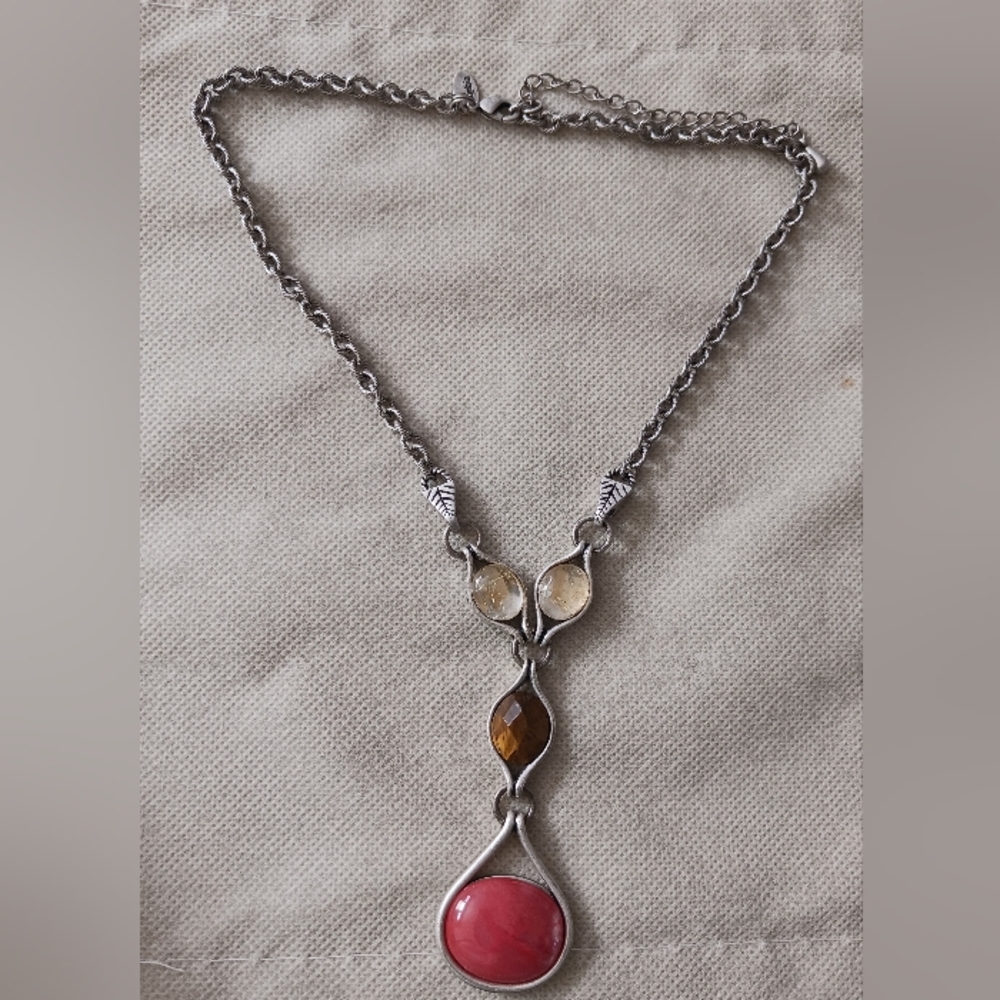 Lia Sophia Pendant Necklace Boho Fairycorw Dark Silver Tone Pink Brown Cabochon